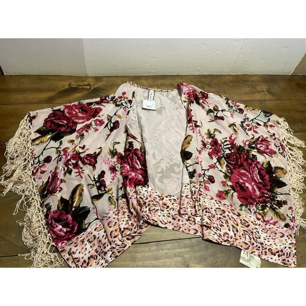 Aratta Silent Journey Women's Sheer Floral Kimono Shawl with Fringe One Size